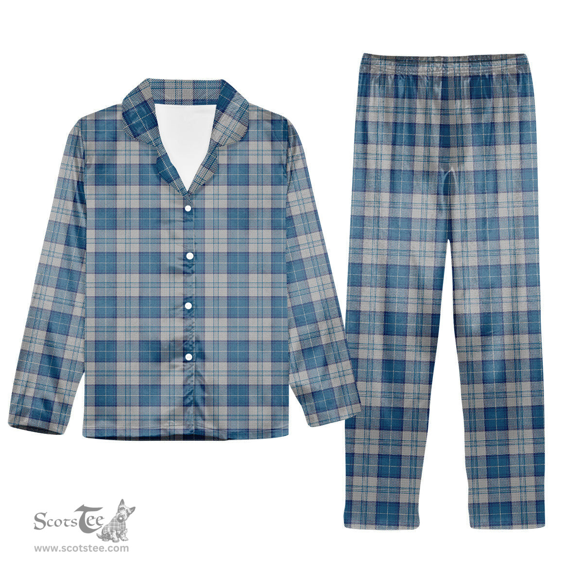 ScotsTee Shop Scottish Menzies Dress Blue and White Tartan Pajama Satin Velvet Flannel Pajama Set