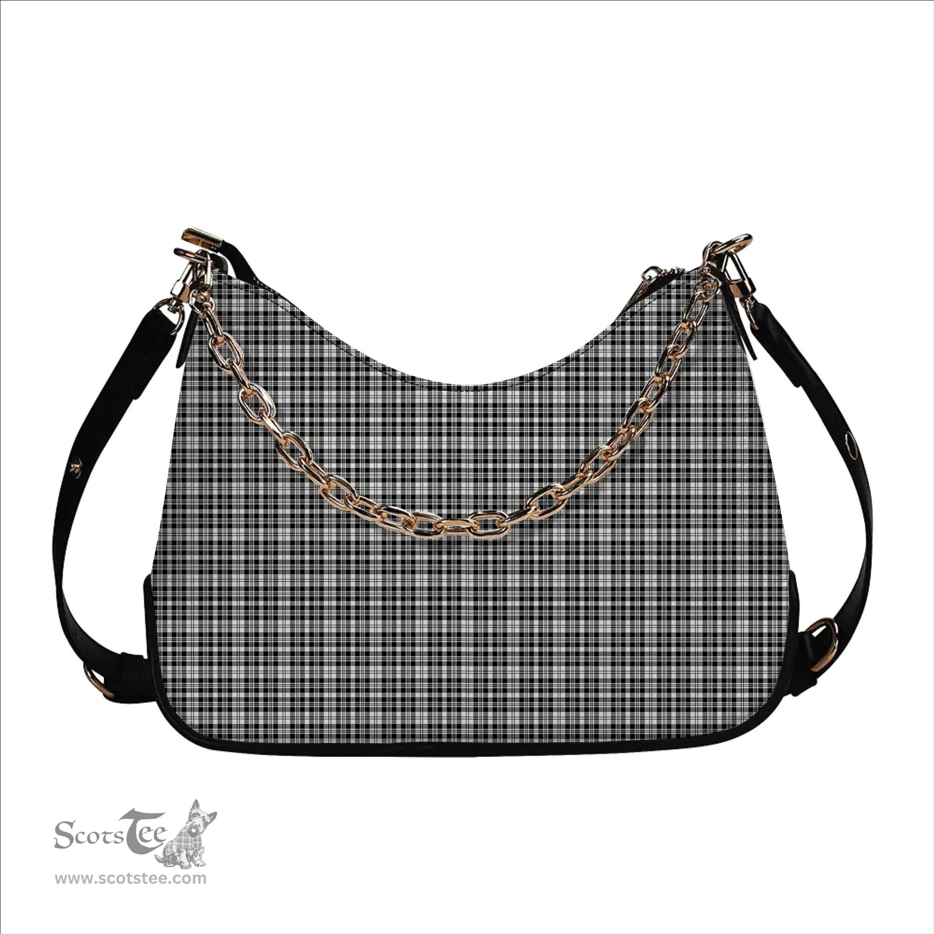 ScotsTee Shop Scottish Scott Black and White Modern Tartan Handbag Women's Shoulder Bag With Chain