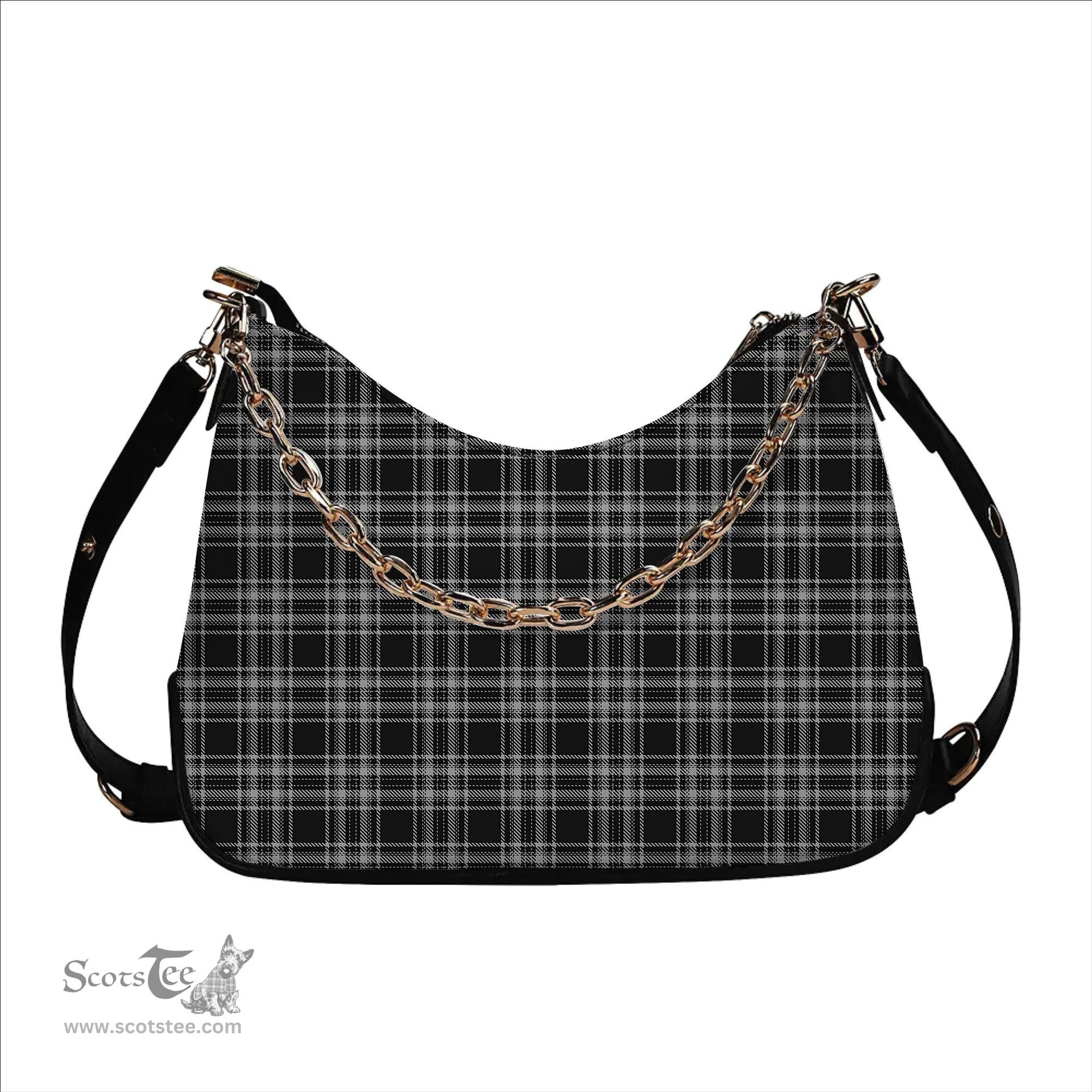ScotsTee Shop Scottish Stewart Black and White Tartan Handbag Women's Shoulder Bag With Chain