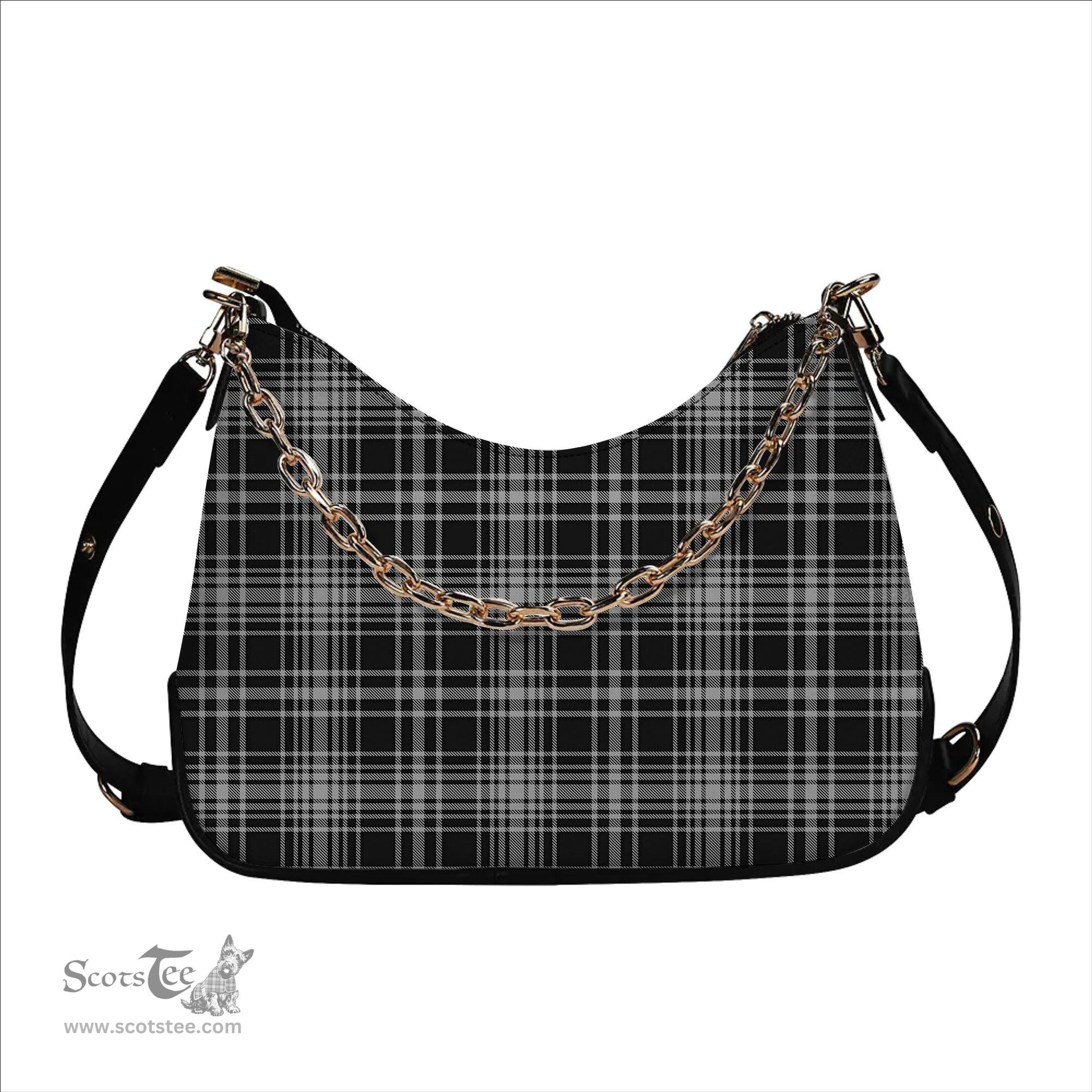 ScotsTee Shop Scottish MacLean Black and White Tartan Handbag Women's Shoulder Bag With Chain