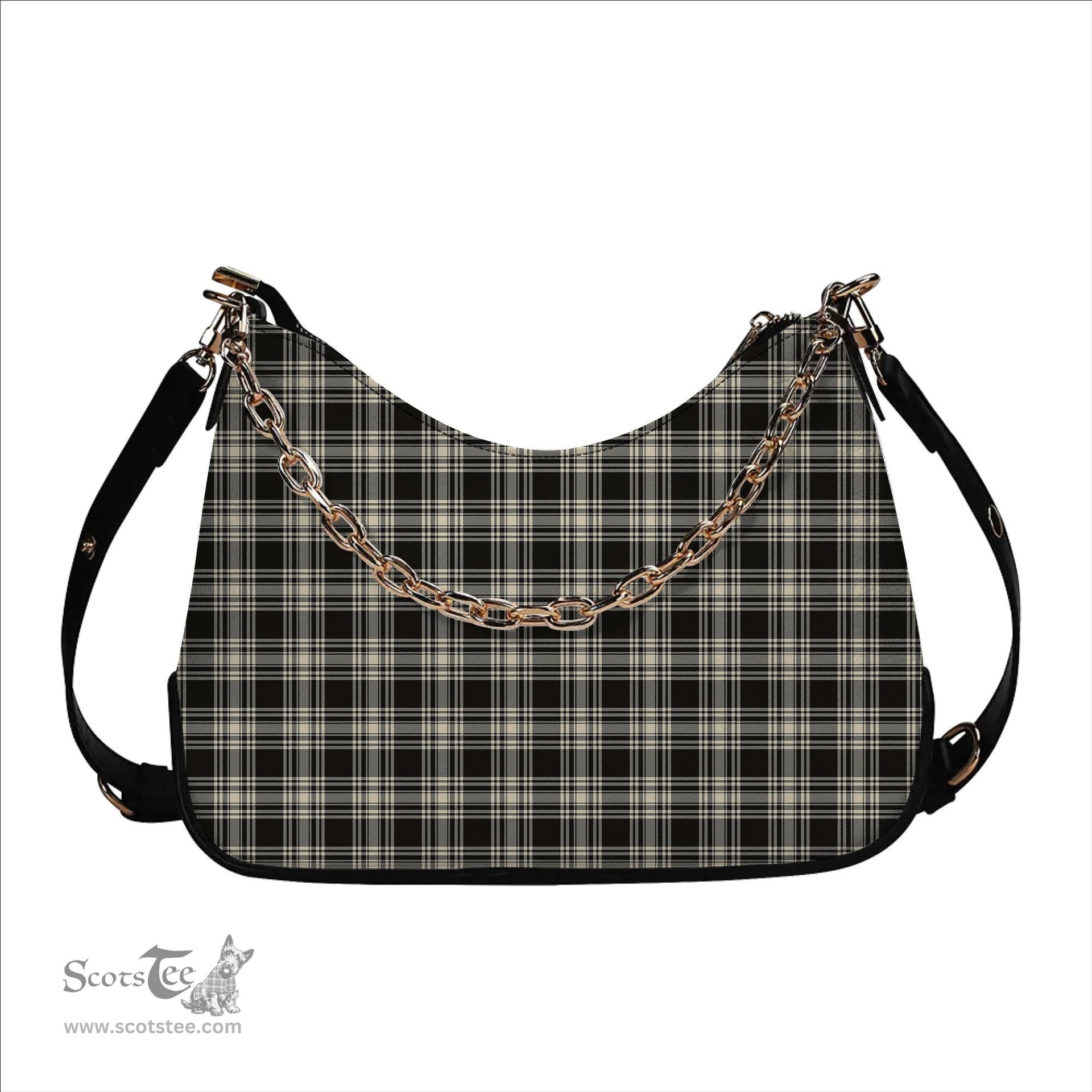 ScotsTee Shop Scottish Menzies Black & White Ancient Tartan Handbag Women's Shoulder Bag With Chain
