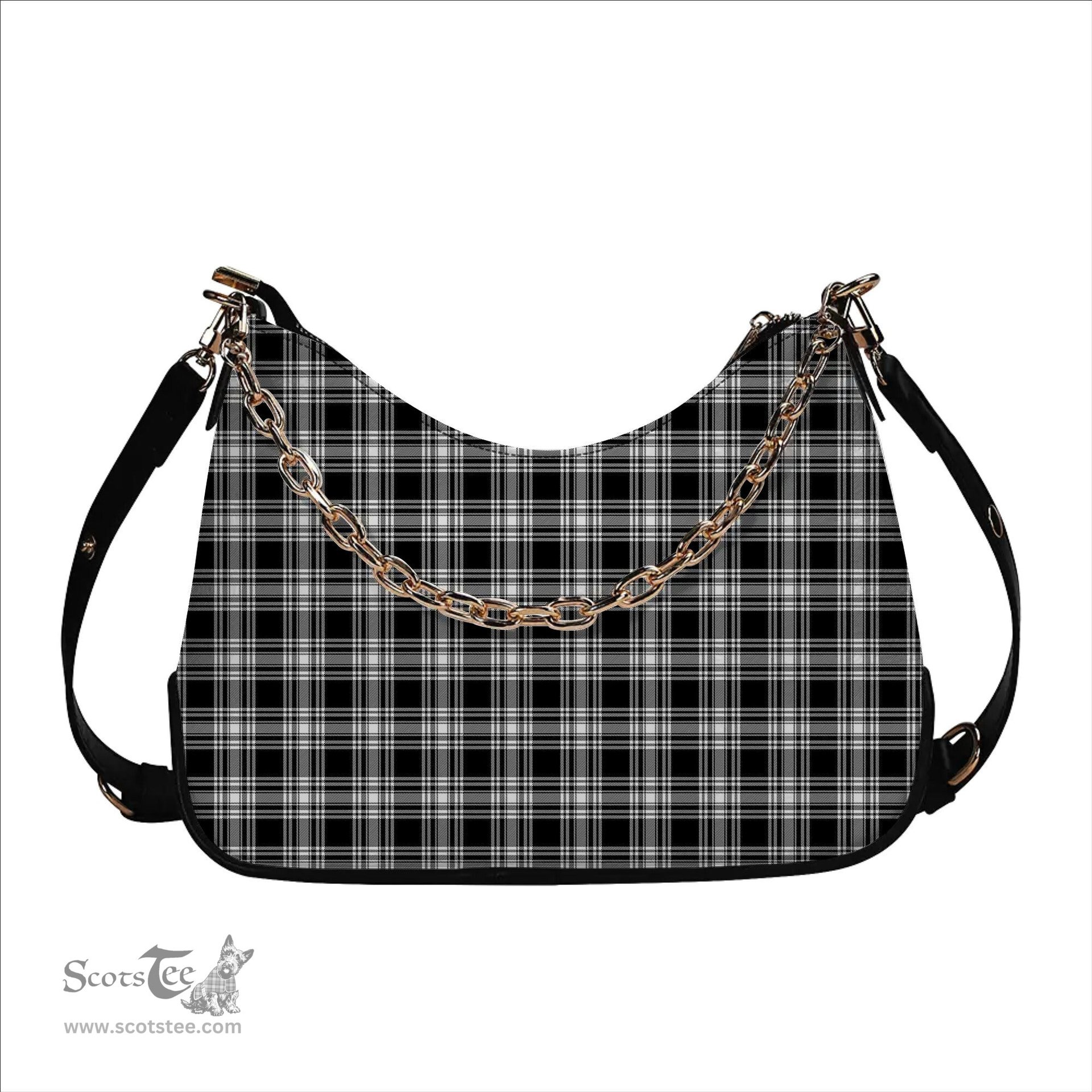 ScotsTee Shop Scottish Menzies Black & White Modern Tartan Handbag Women's Shoulder Bag With Chain