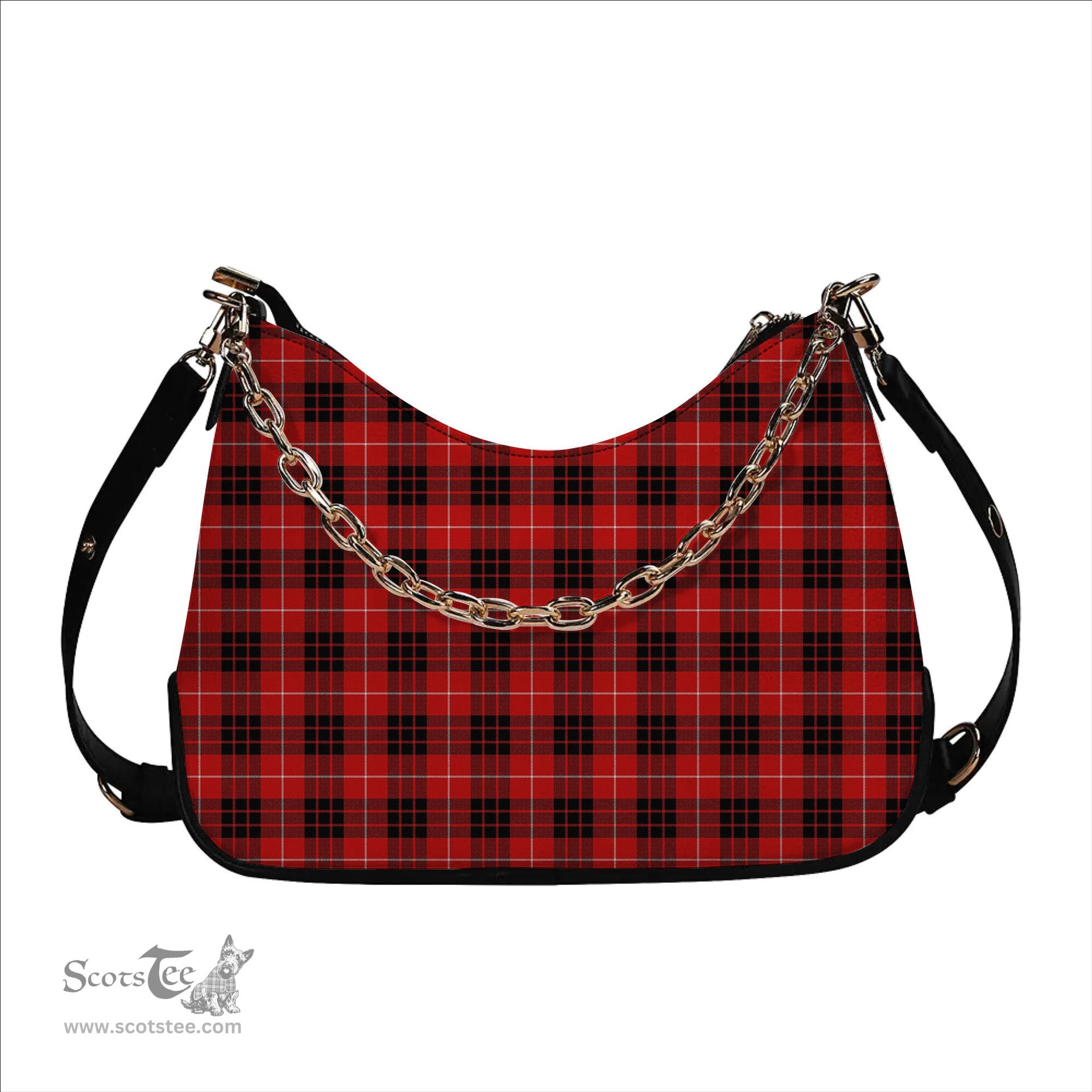 ScotsTee Shop Scottish Monroe Black and Red Modern Tartan Handbag Women's Shoulder Bag With Chain