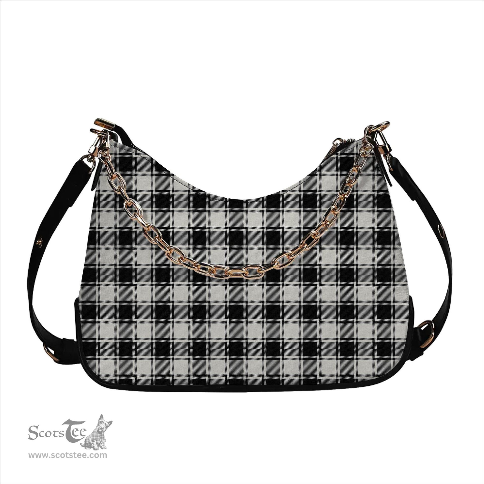 ScotsTee Shop Scottish MacFie Black & White Ancient Tartan Handbag Women's Shoulder Bag With Chain