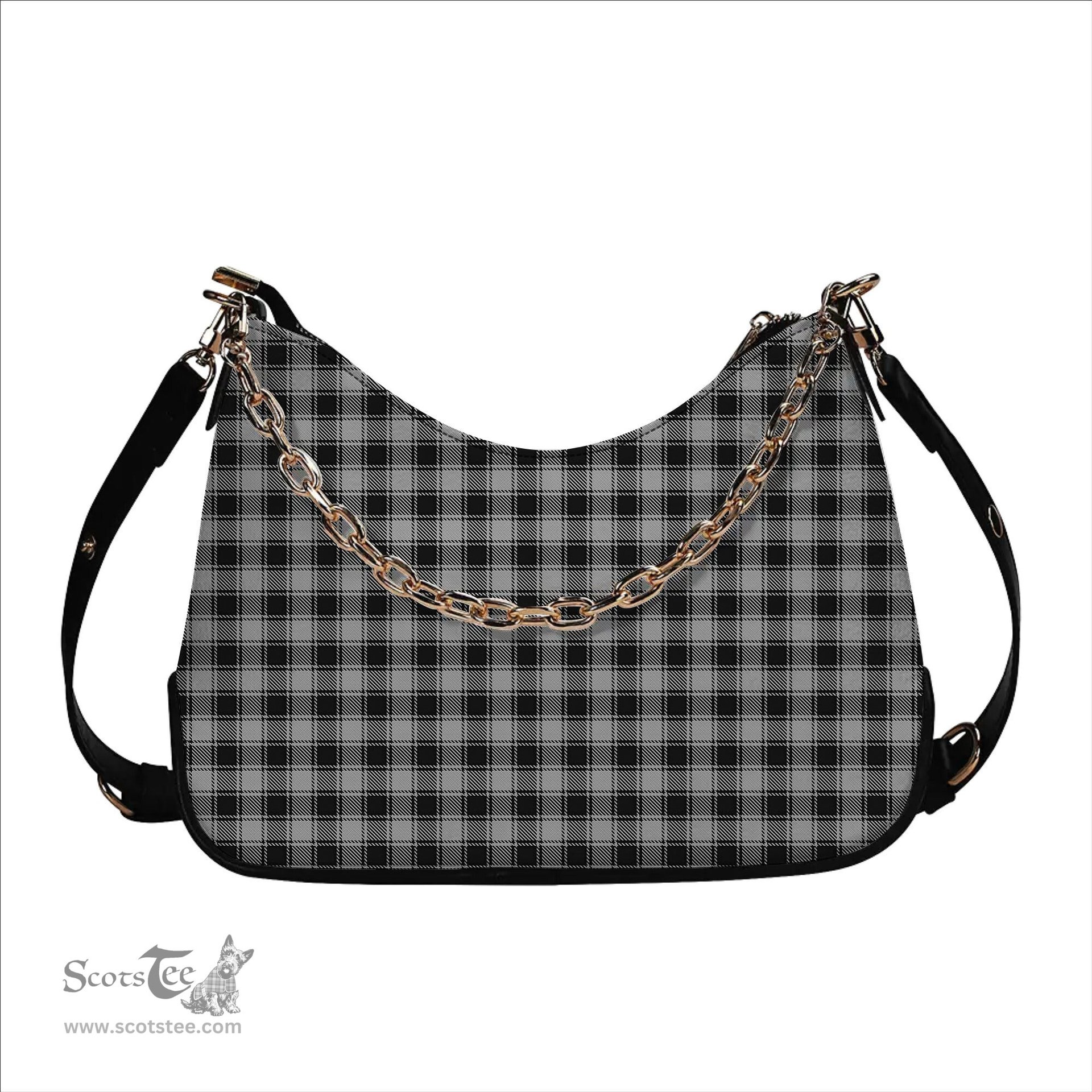 ScotsTee Shop Scottish MacPhee Black and White Tartan Handbag Women's Shoulder Bag With Chain