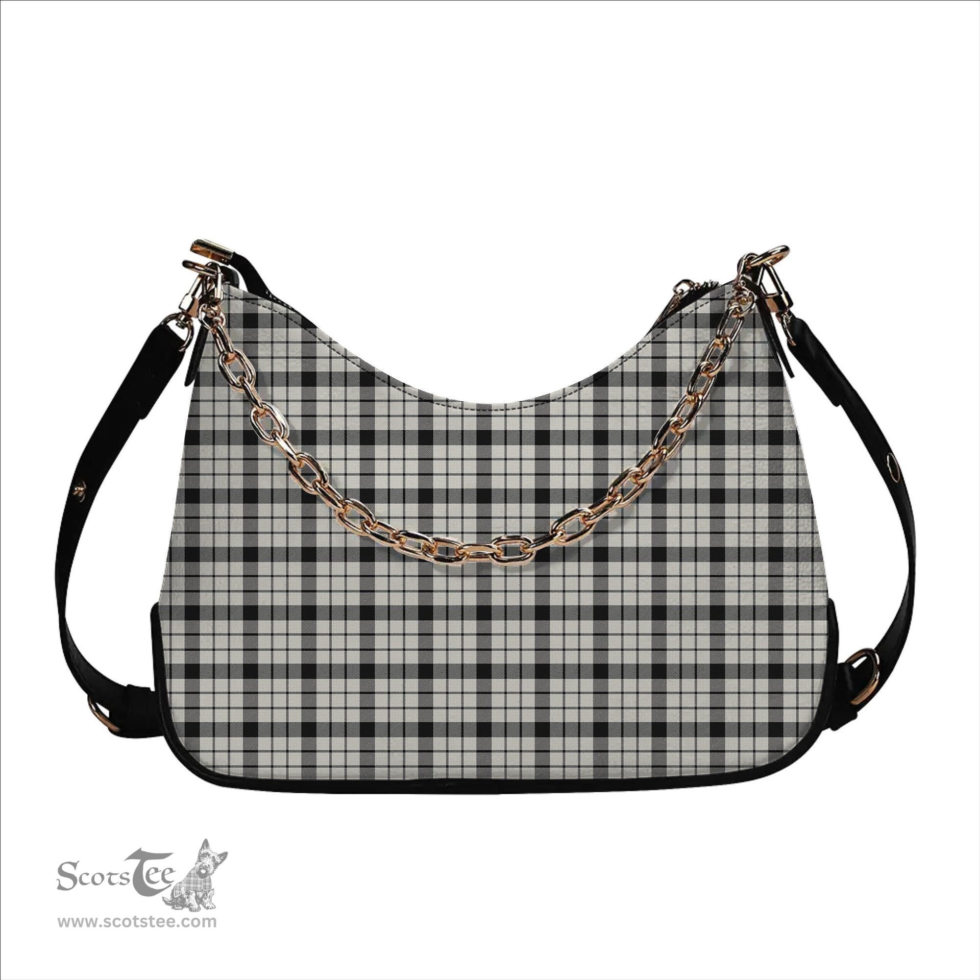 ScotsTee Shop Scottish MacFarlane Black White Ancient Tartan Handbag Women's Shoulder Bag With Chain