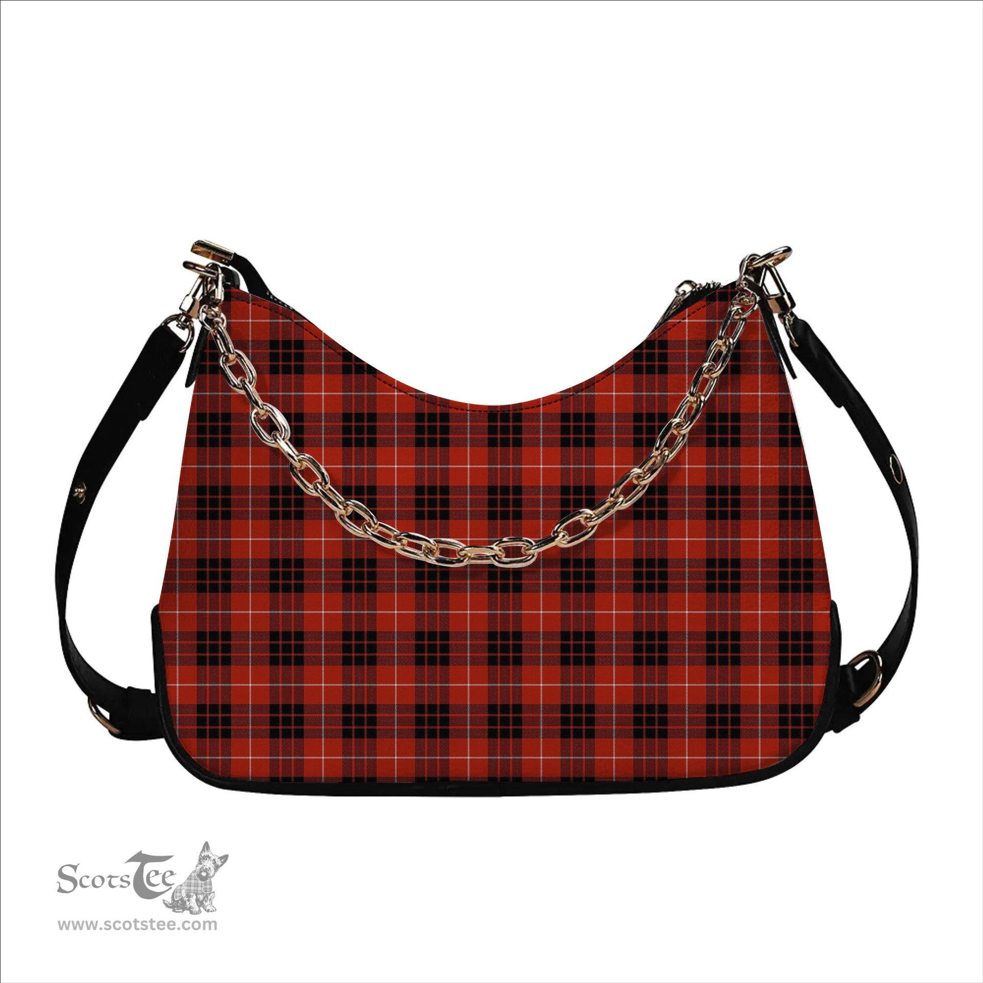 ScotsTee Shop Scottish Munro Black and Red Ancient Tartan Handbag Women's Shoulder Bag With Chain