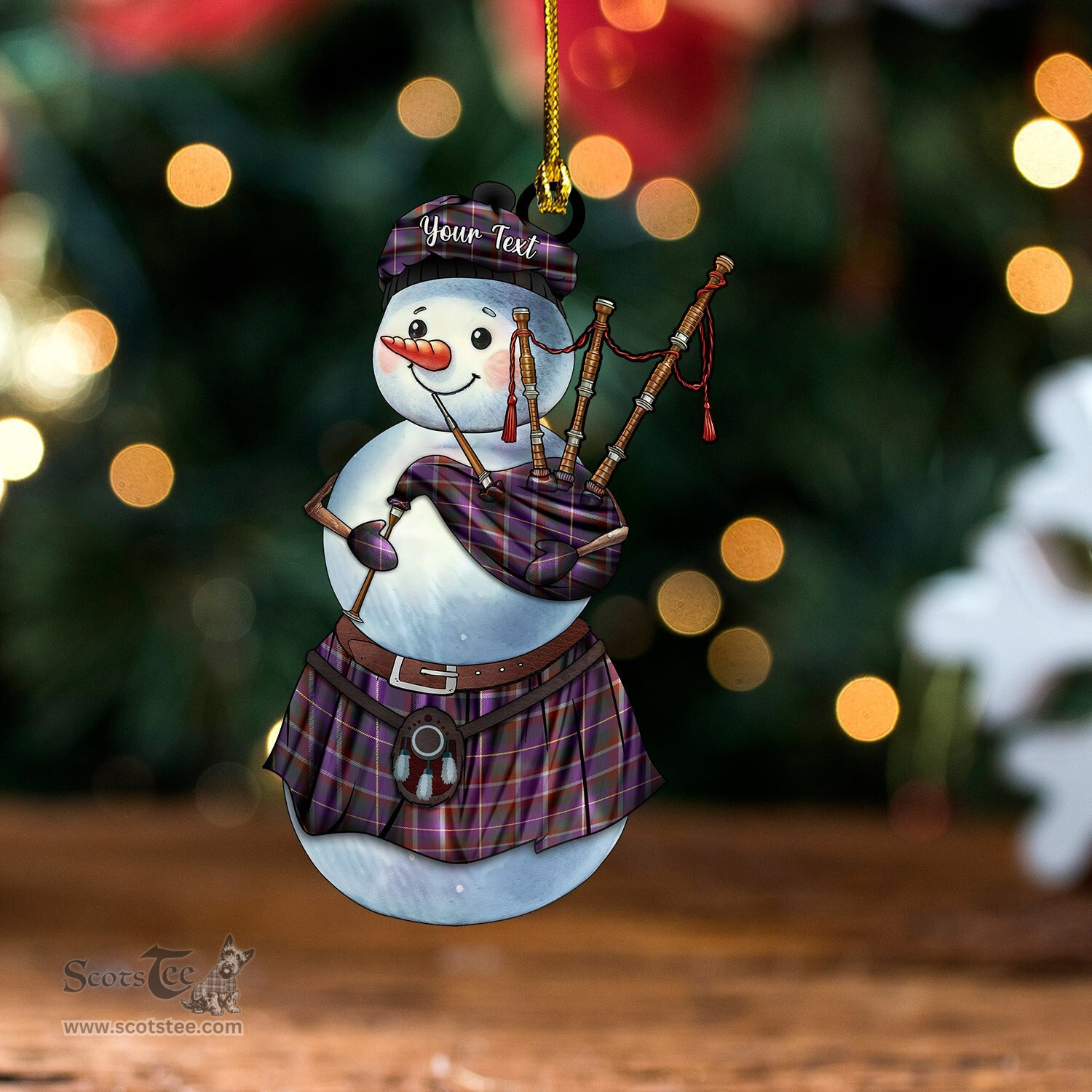 ScotsTee Shop Scottish Belfrage (Belfarge) Weathered Tartan Ornament Snowman Bagpipe Personalized