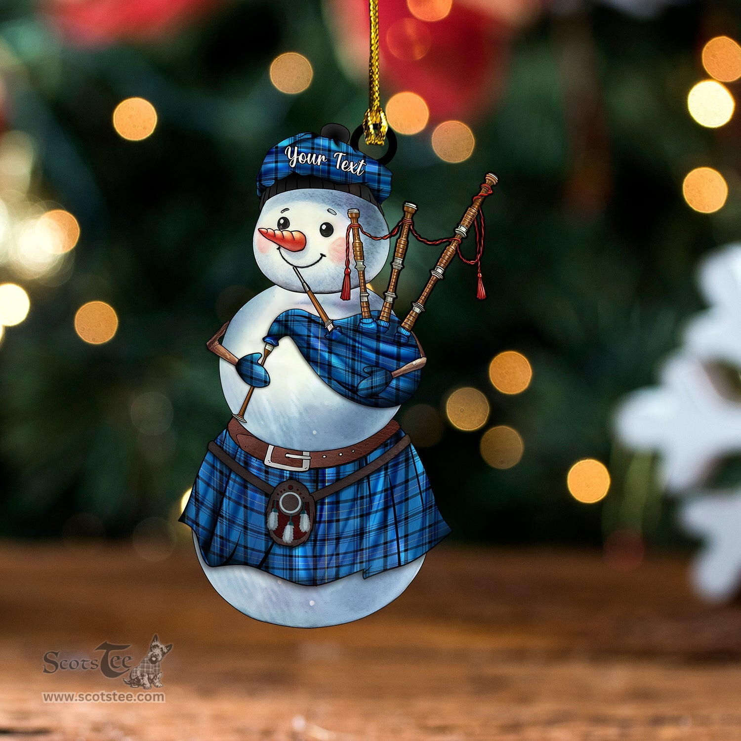 ScotsTee Shop Scottish Hannay Blue (Haney Blue) Modern Tartan Ornament Snowman Bagpipe Personalized