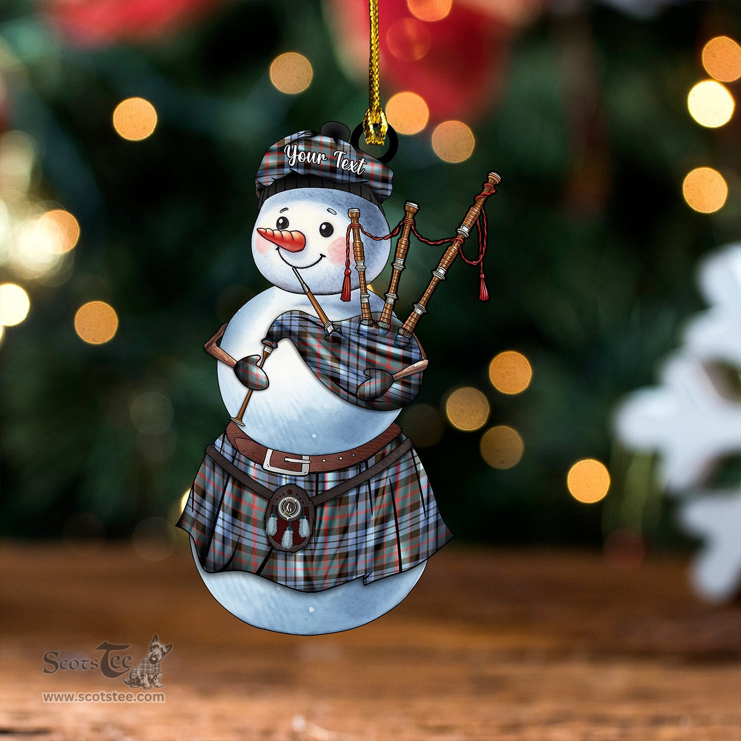 ScotsTee Shop Scottish Fletcher of Dunans Weathered Clan Crest Tartan Ornament Snowman Bagpipe Personalized