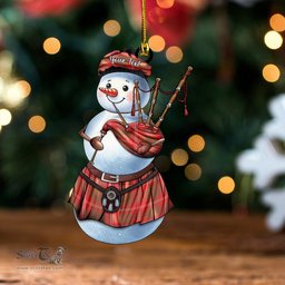 ScotsTee Shop Scottish Crawford Red Weathered Clan Crest Tartan Ornament Snowman Bagpipe Personalized
