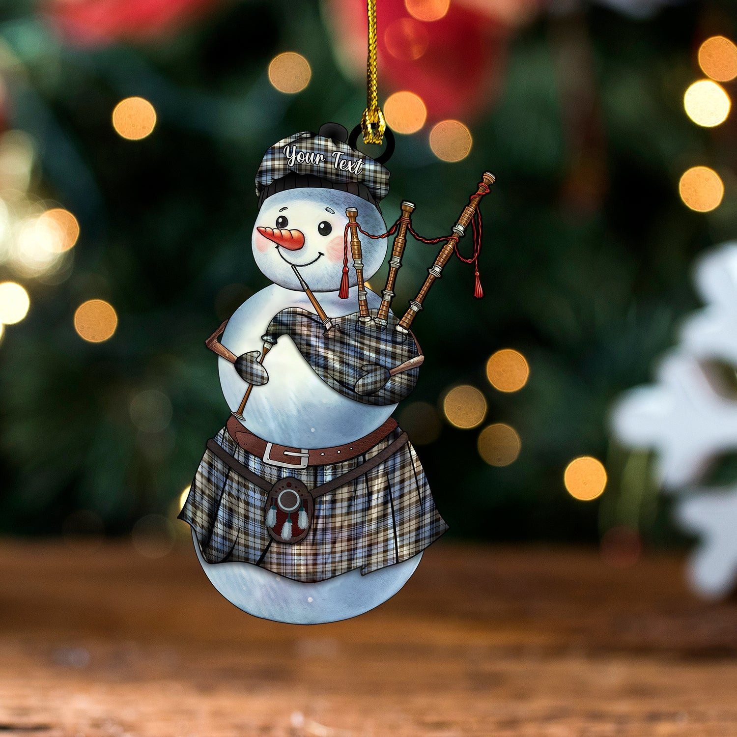 ScotsTee Shop Scottish Campbell of Inveraray Weathered Tartan Ornament Snowman Bagpipe Personalized