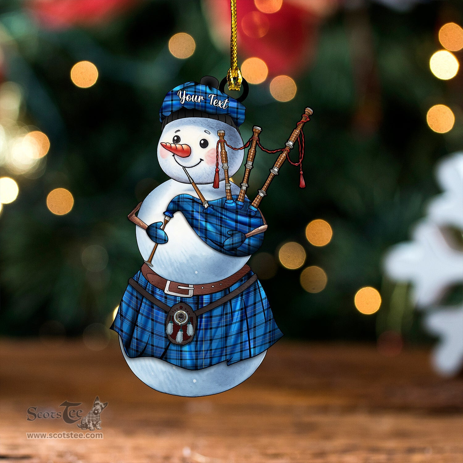 ScotsTee Shop Scottish Haney Blue Modern Clan Crest Tartan Ornament Snowman Bagpipe Personalized