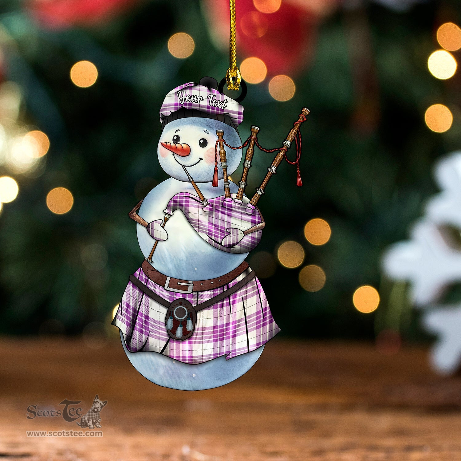 ScotsTee Shop Scottish Buchanan Cerise 1 Special Weathered Tartan Ornament Snowman Bagpipe Personalized