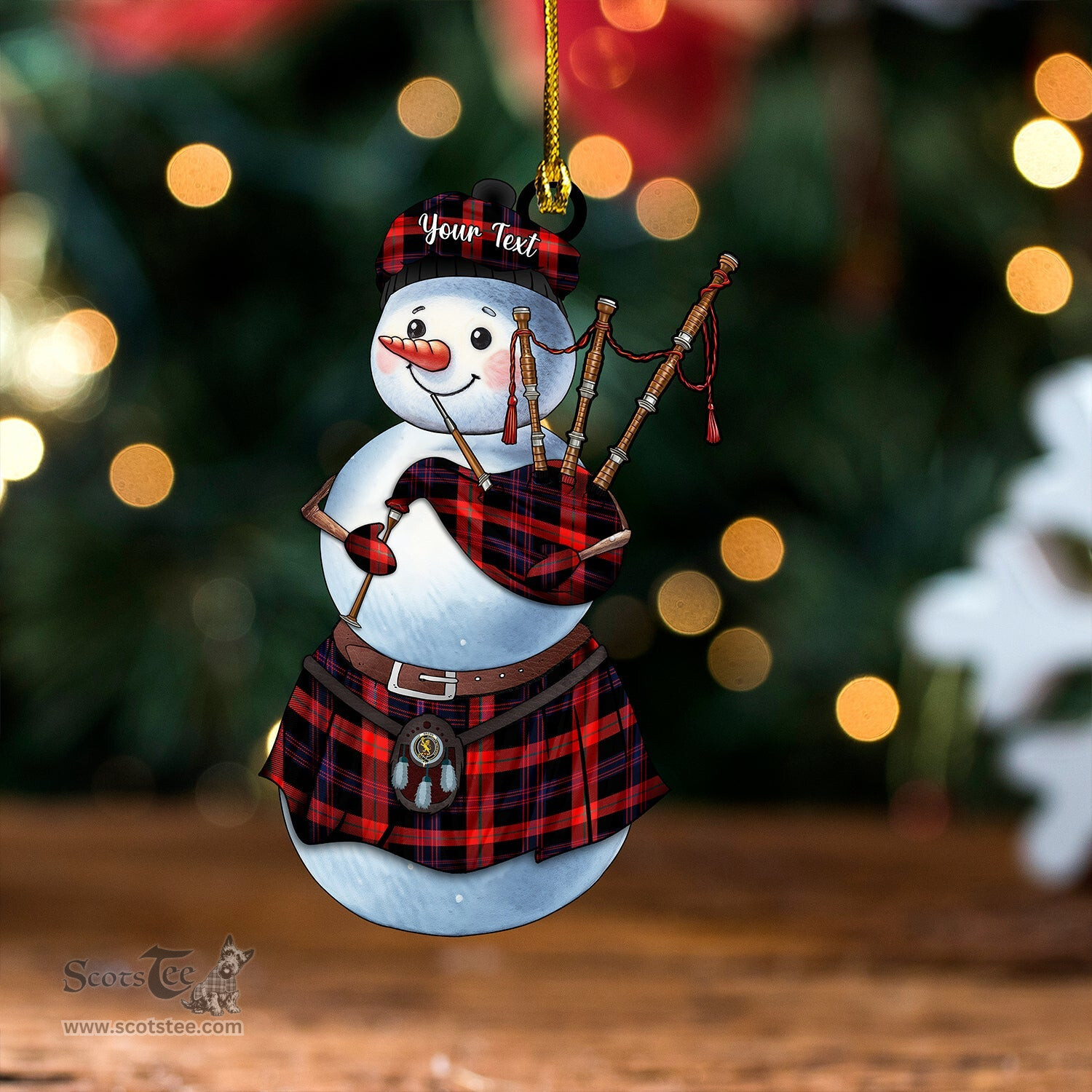ScotsTee Shop Scottish Brown (Broun) Modern Clan Crest Tartan Ornament Snowman Bagpipe Personalized