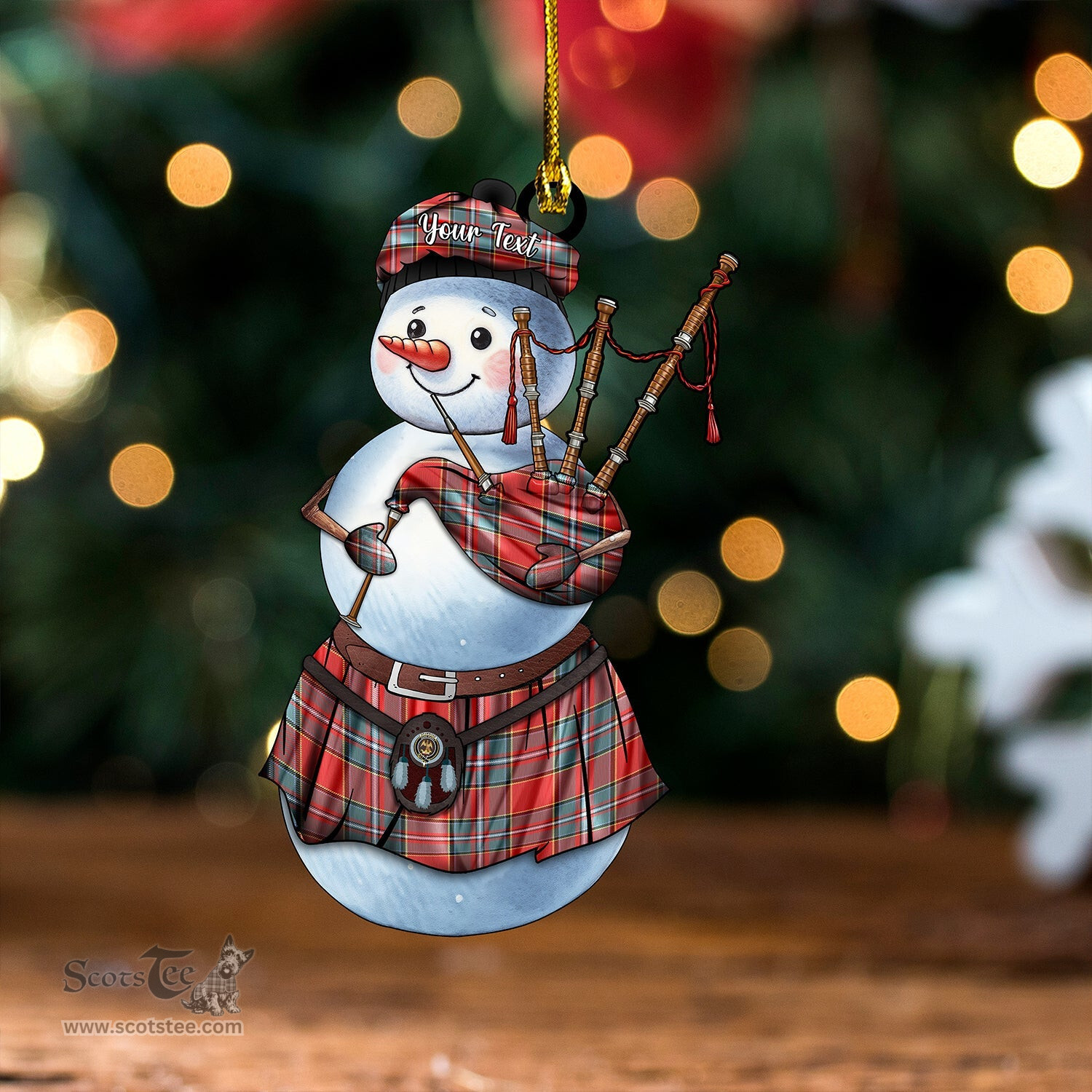 ScotsTee Shop Scottish Drummond Weathered Clan Crest Tartan Ornament Snowman Bagpipe Personalized