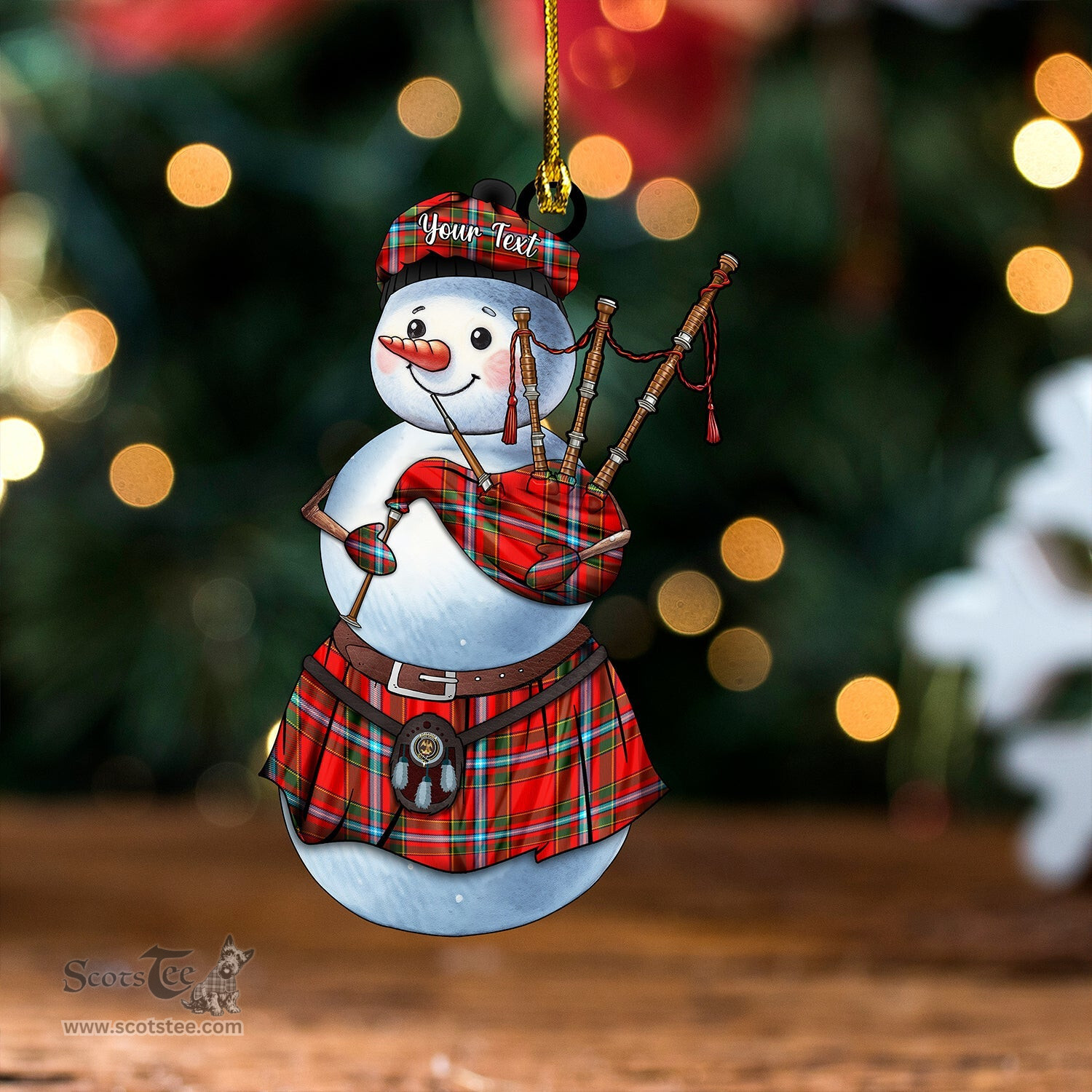 ScotsTee Shop Scottish Drummond of Fingask Modern Clan Crest Tartan Ornament Snowman Bagpipe Personalized