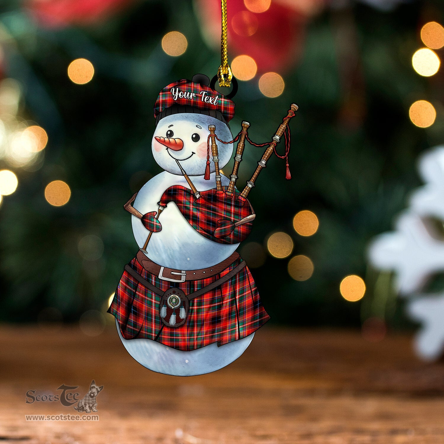 ScotsTee Shop Scottish Innes Red Modern Clan Crest Tartan Ornament Snowman Bagpipe Personalized