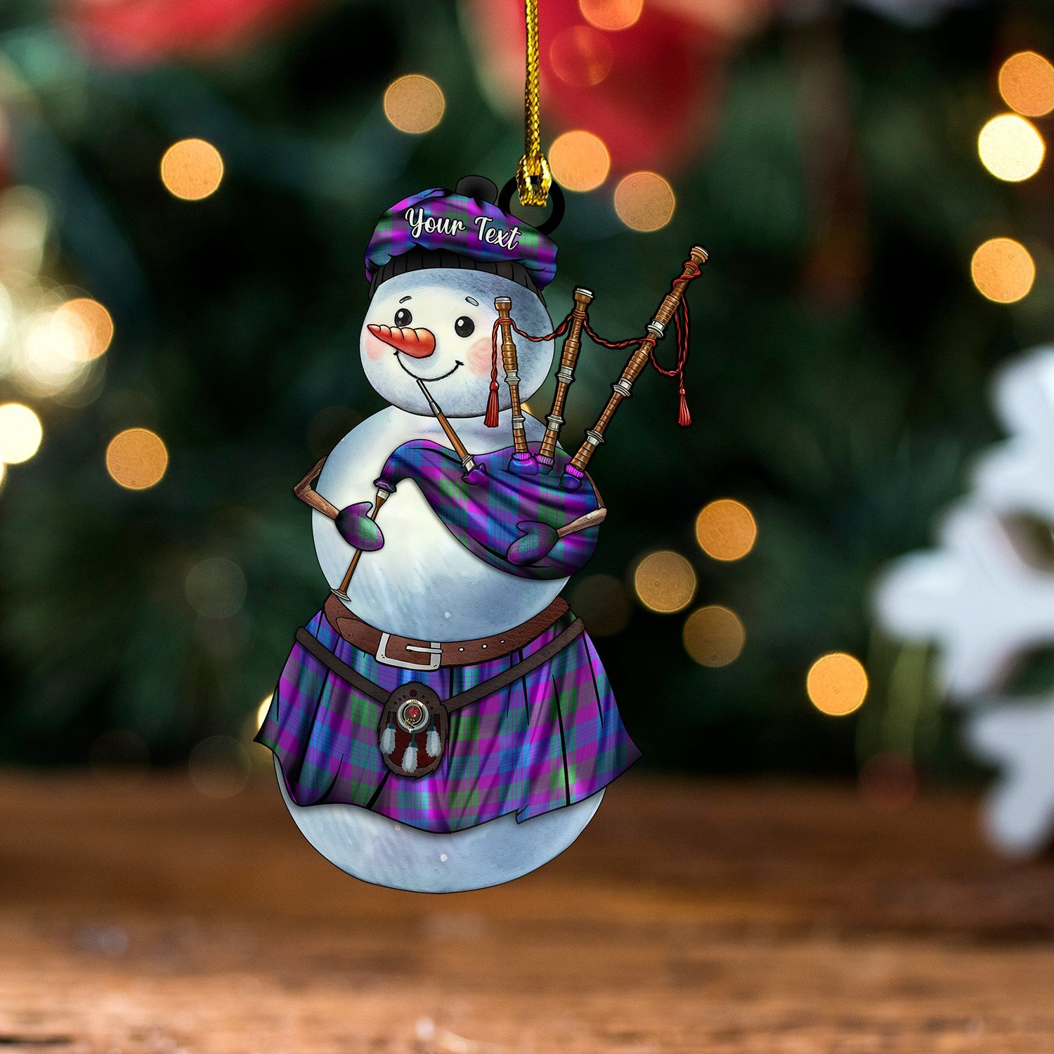 ScotsTee Shop Scottish Lang (Laing) Modern Clan Crest Tartan Ornament Snowman Bagpipe Personalized