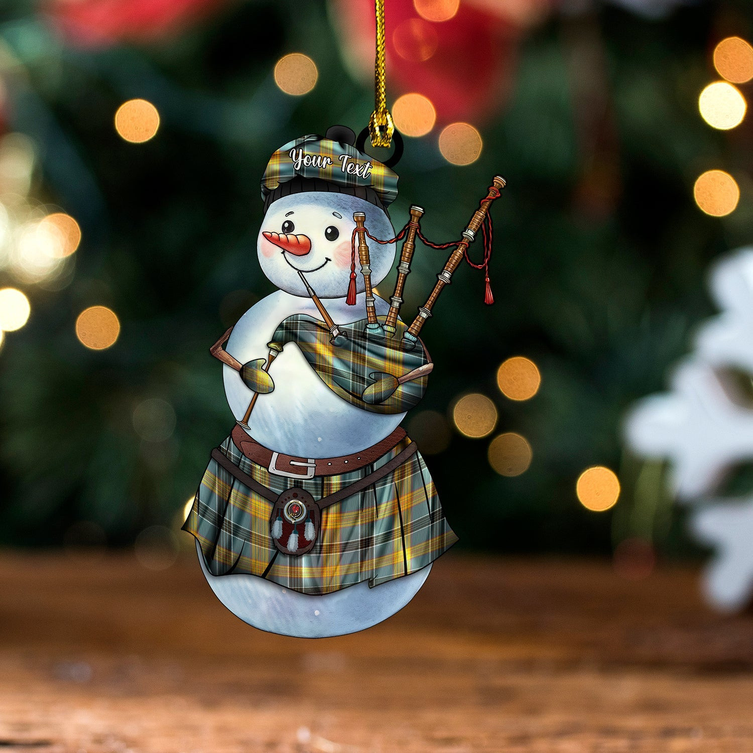 ScotsTee Shop Scottish Laing (Lang) Weathered Clan Crest Tartan Ornament Snowman Bagpipe Personalized