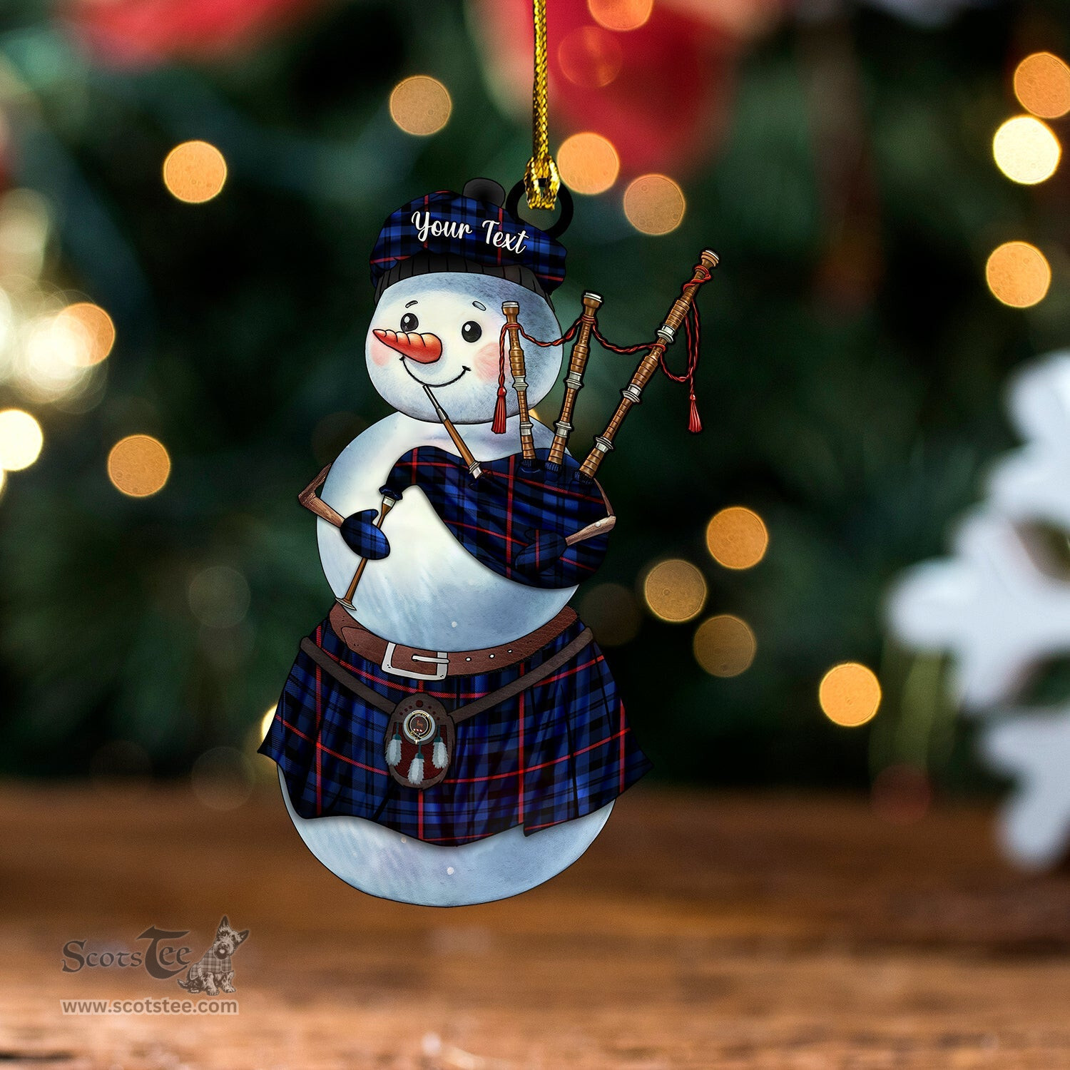 ScotsTee Shop Scottish MacCorquodale Modern Clan Crest Tartan Ornament Snowman Bagpipe Personalized