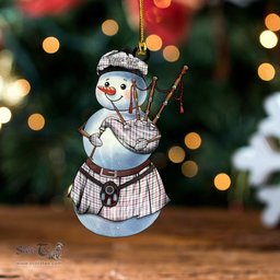 ScotsTee Shop Scottish MacLeod, Wedding (Personal) (MacDougal Arisaid) Weathered Tartan Ornament Snowman Bagpipe Personalized