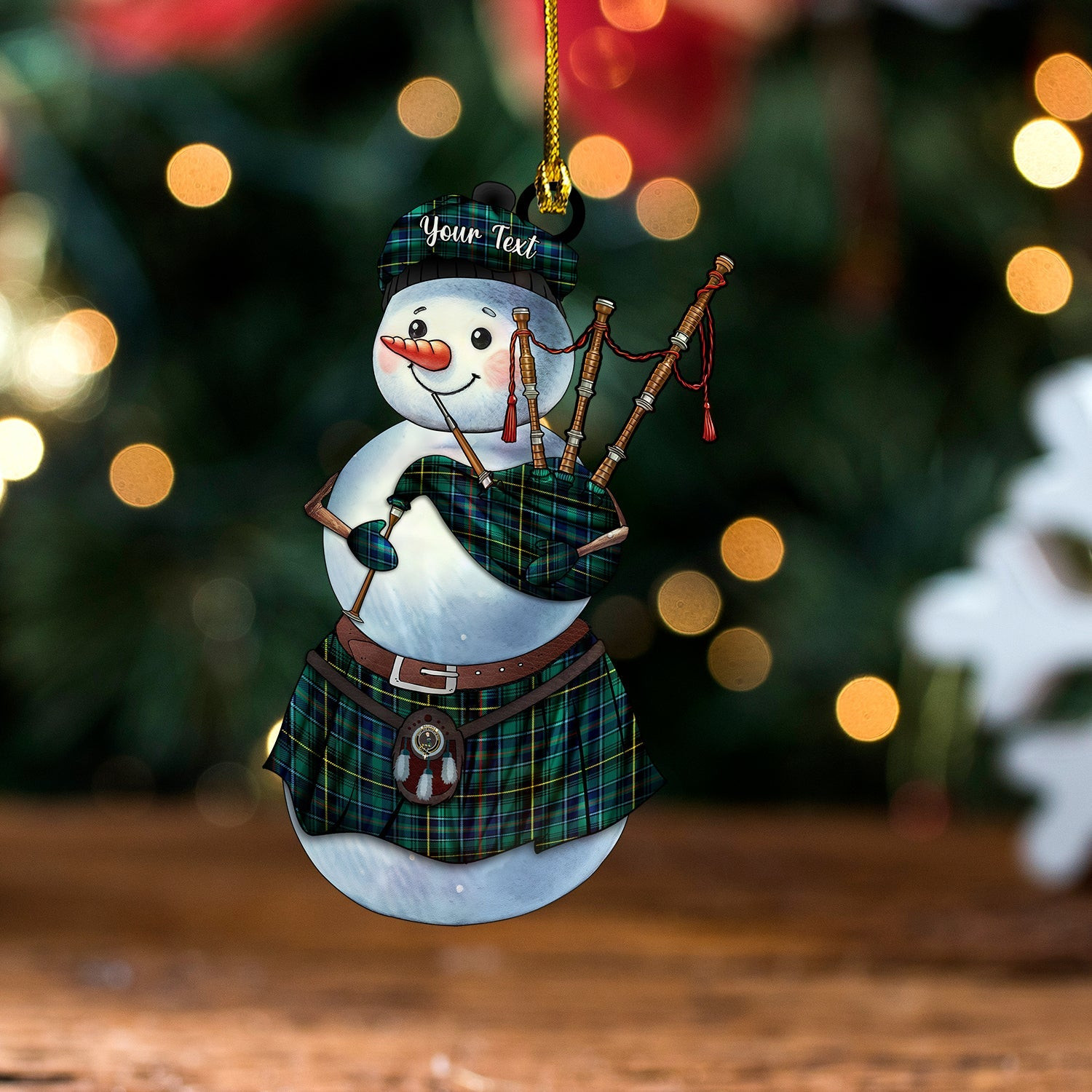 ScotsTee Shop Scottish MacInnes Modern Clan Crest Tartan Ornament Snowman Bagpipe Personalized