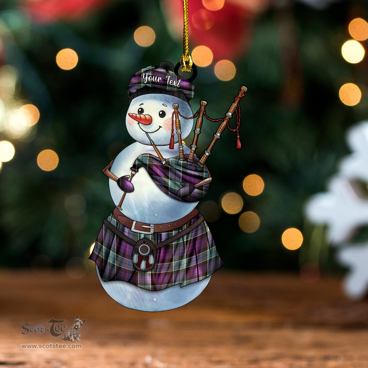 ScotsTee Shop Scottish Leslie Hunting (Leslie Green) Weathered Tartan Ornament Snowman Bagpipe Personalized