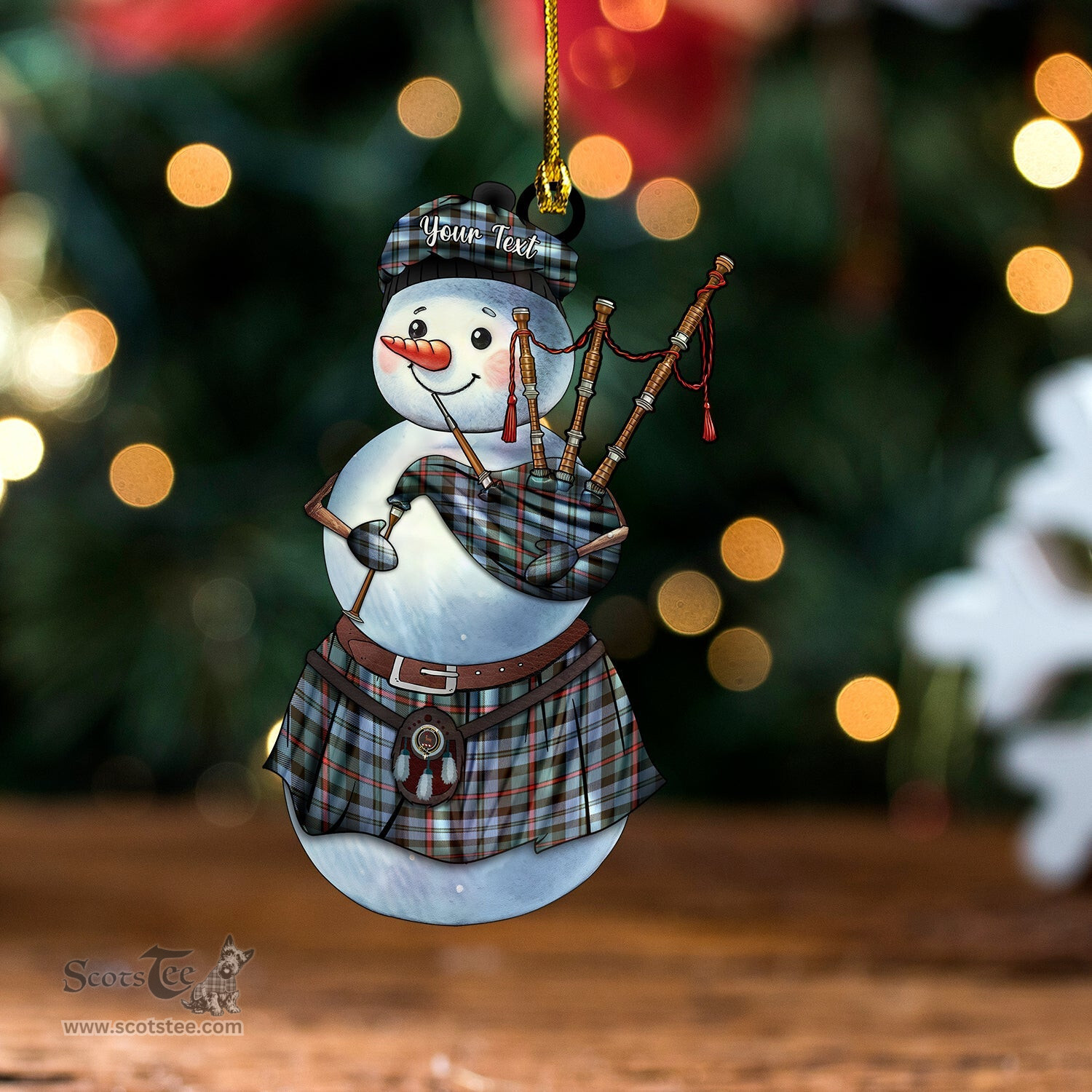 ScotsTee Shop Scottish MacCorquodale Weathered Clan Crest Tartan Ornament Snowman Bagpipe Personalized