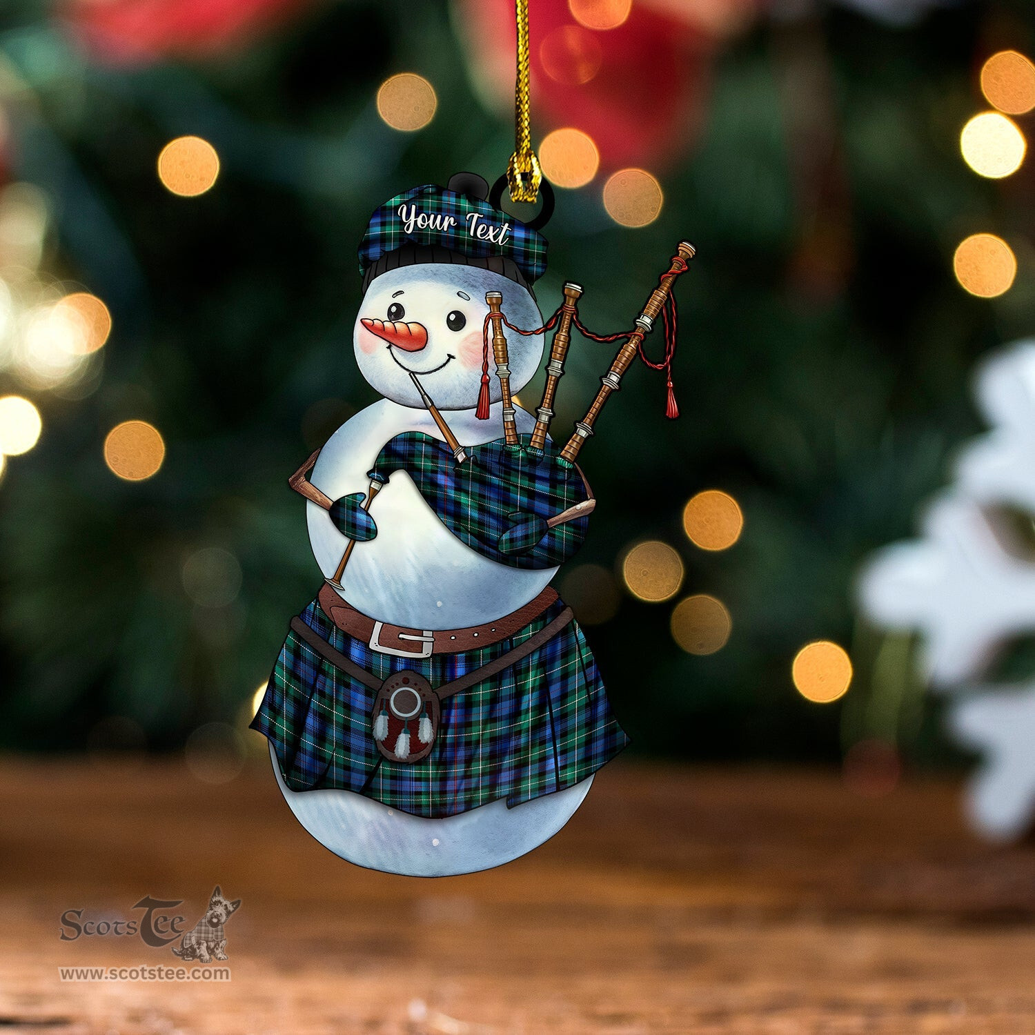 ScotsTee Shop Scottish MacKenzie Hunting- Green Modern Tartan Ornament Snowman Bagpipe Personalized