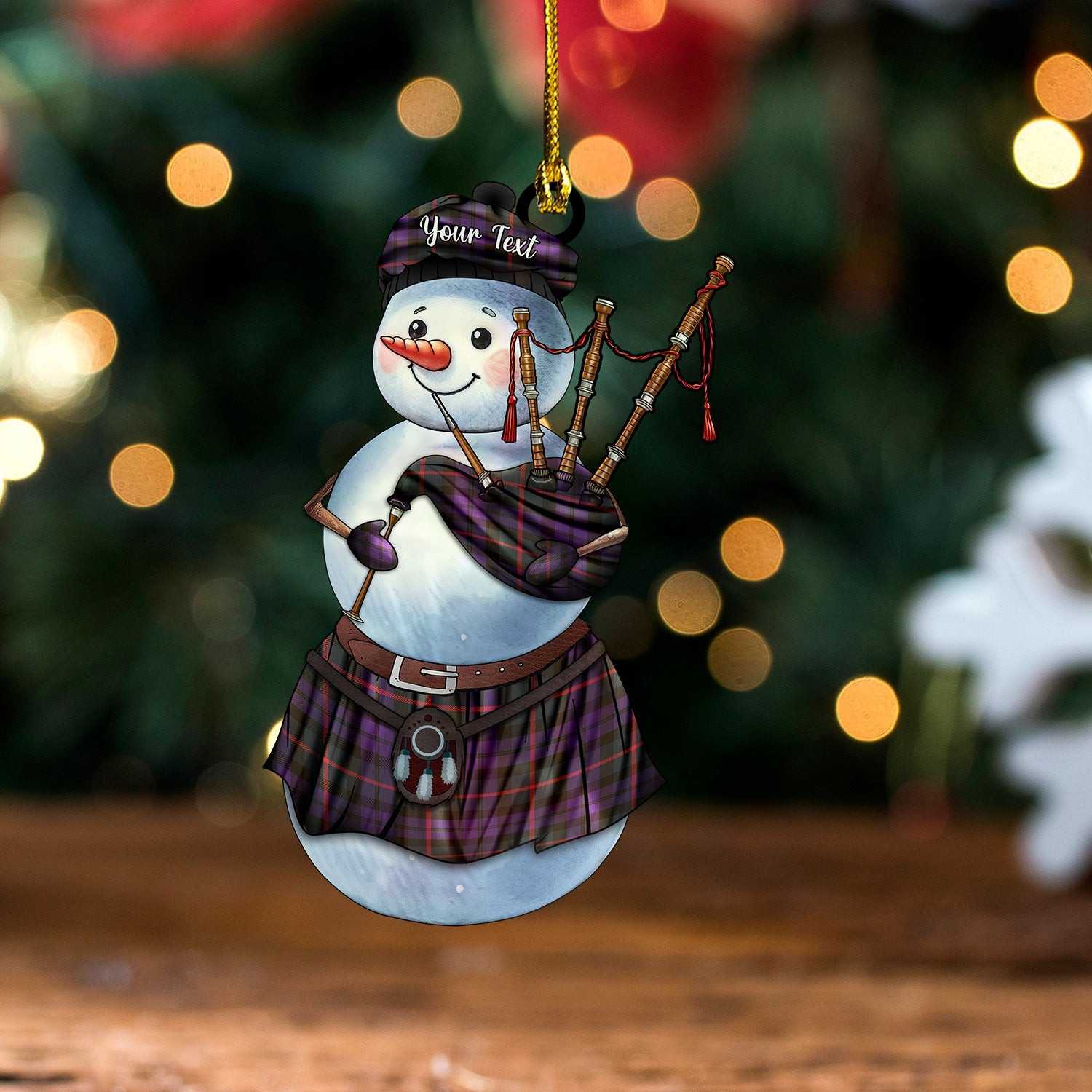 ScotsTee Shop Scottish MacCorquodale 2 Weathered Tartan Ornament Snowman Bagpipe Personalized