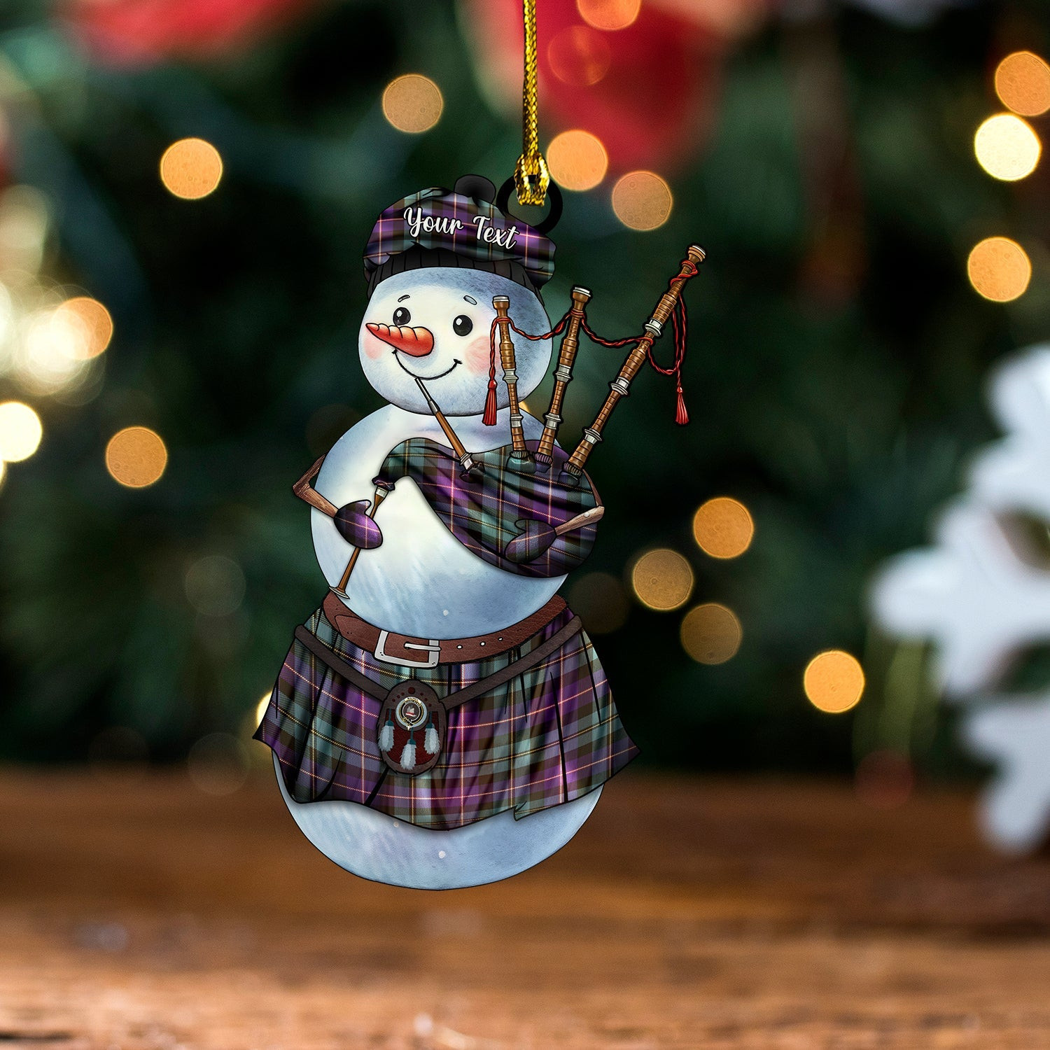 ScotsTee Shop Scottish MacNeil of Barra Old (MacNeill Old) Weathered Clan Crest Tartan Ornament Snowman Bagpipe Personalized