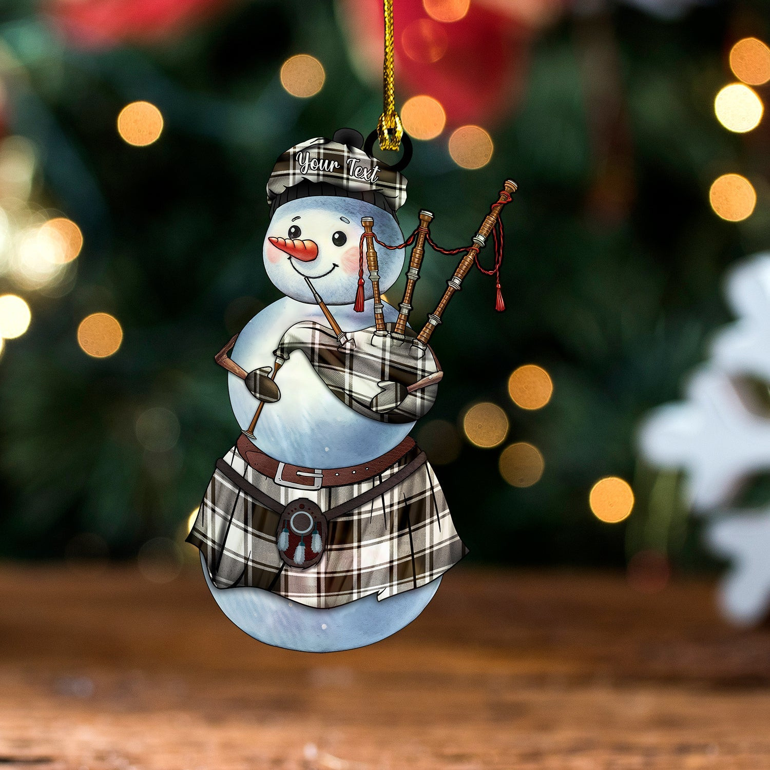 ScotsTee Shop Scottish MacFie B-W (MacPhee B-W) Weathered Tartan Ornament Snowman Bagpipe Personalized