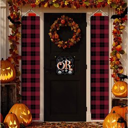 ScotsTee Shop Scottish Cameron Black and Red Modern Tartan Front Porch Sign Set, Hanging Banner Set