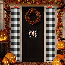 ScotsTee Shop Scottish MacFarlane Black White Tartan Front Porch Sign Set, Hanging Banner Set