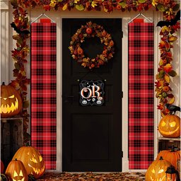 ScotsTee Shop Scottish Monroe Black and Red Modern Tartan Front Porch Sign Set, Hanging Banner Set
