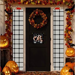 ScotsTee Shop Scottish MacFarlane Black White Ancient Tartan Front Porch Sign Set, Hanging Banner Set