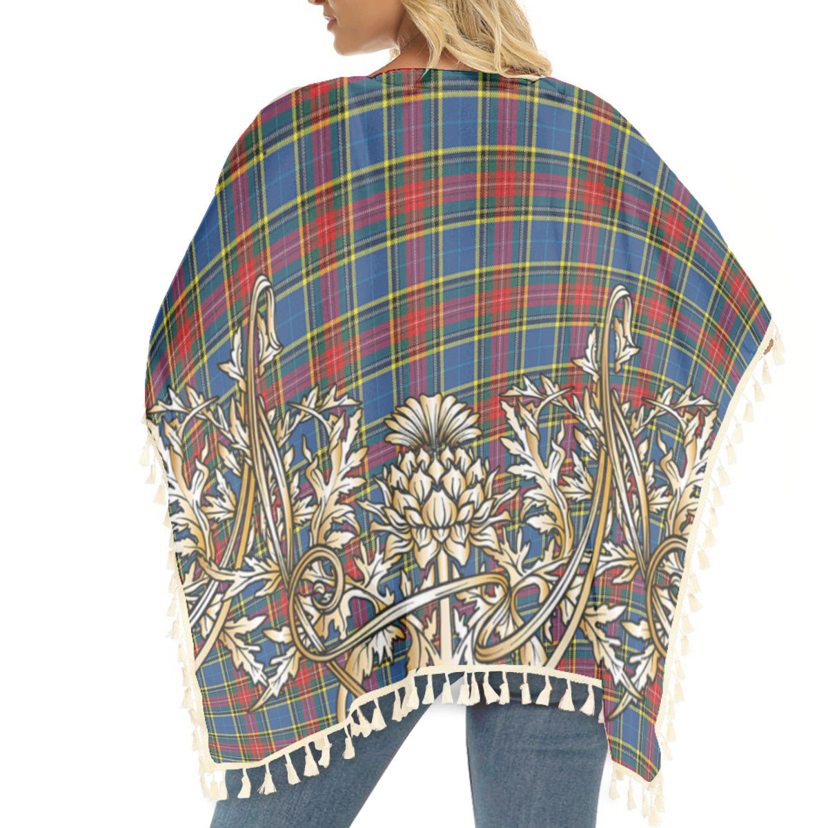 ScotsTee Shop Scottish Bethune Modern Tartan Scotland Royal Golden Thistle Square Fringed Shawl