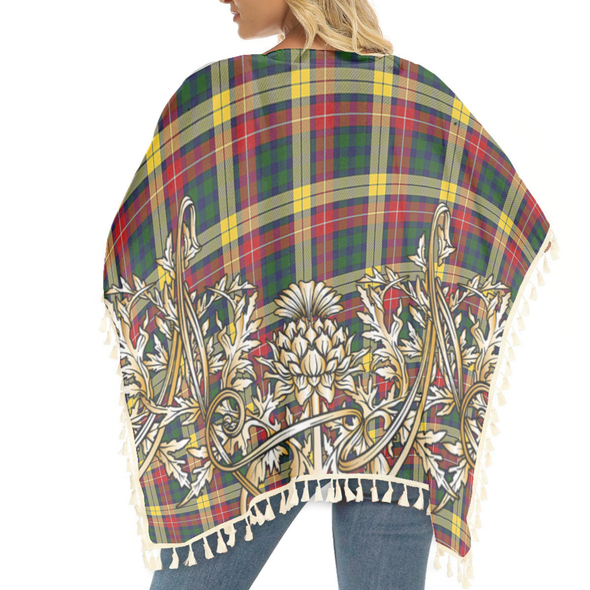 ScotsTee Shop Scottish Buchanan Tartan Scotland Royal Golden Thistle Square Fringed Shawl
