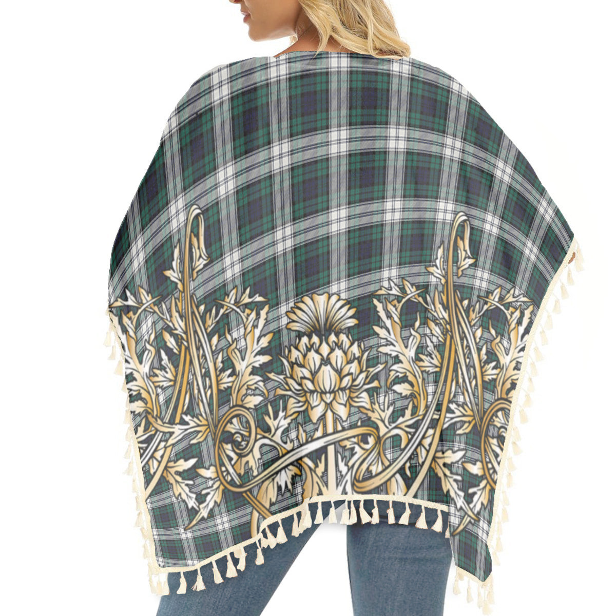 ScotsTee Shop Scottish Black Watch Dress Modern Tartan Scotland Royal Golden Thistle Square Fringed Shawl