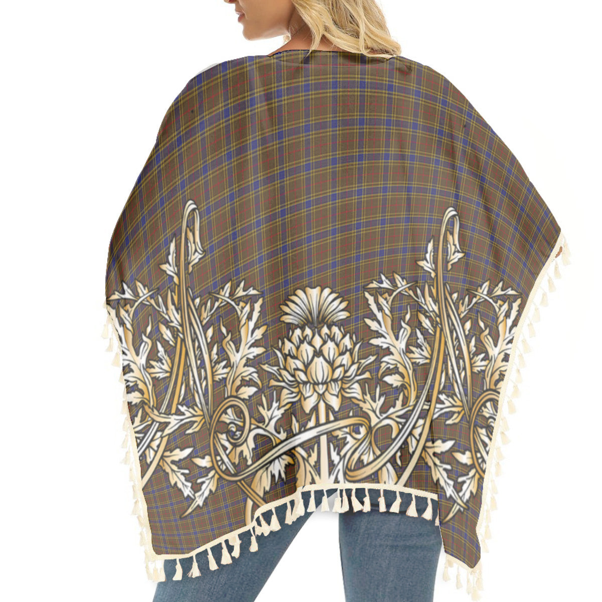 ScotsTee Shop Scottish Balfour 2 Tartan Scotland Royal Golden Thistle Square Fringed Shawl
