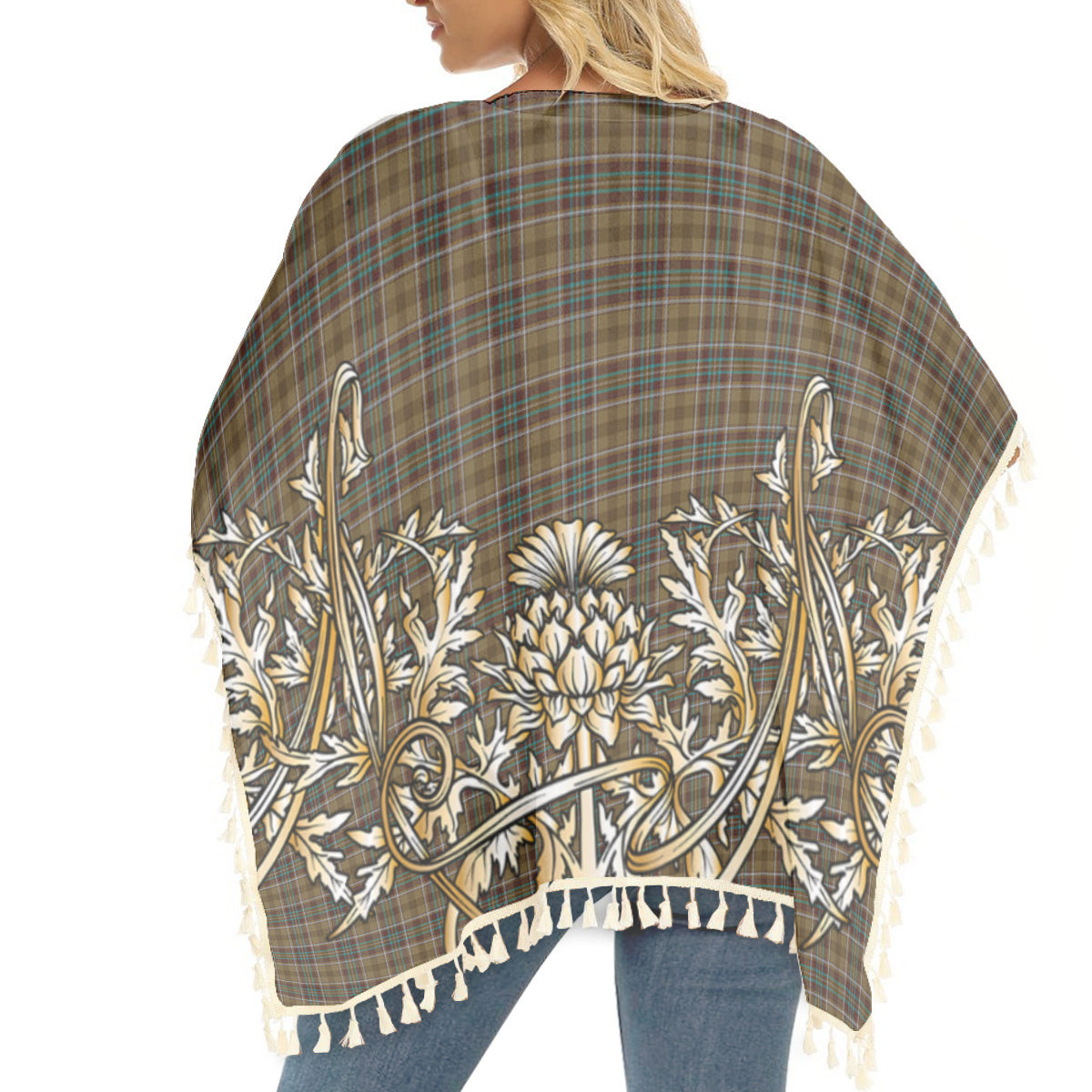 ScotsTee Shop Scottish Bruce of Kinnaird (Vivienne Westwood Design) Tartan Scotland Royal Golden Thistle Square Fringed Shawl
