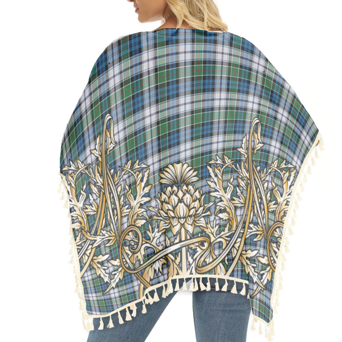 ScotsTee Shop Scottish Colquhoun Dress Ancient Tartan Scotland Royal Golden Thistle Square Fringed Shawl
