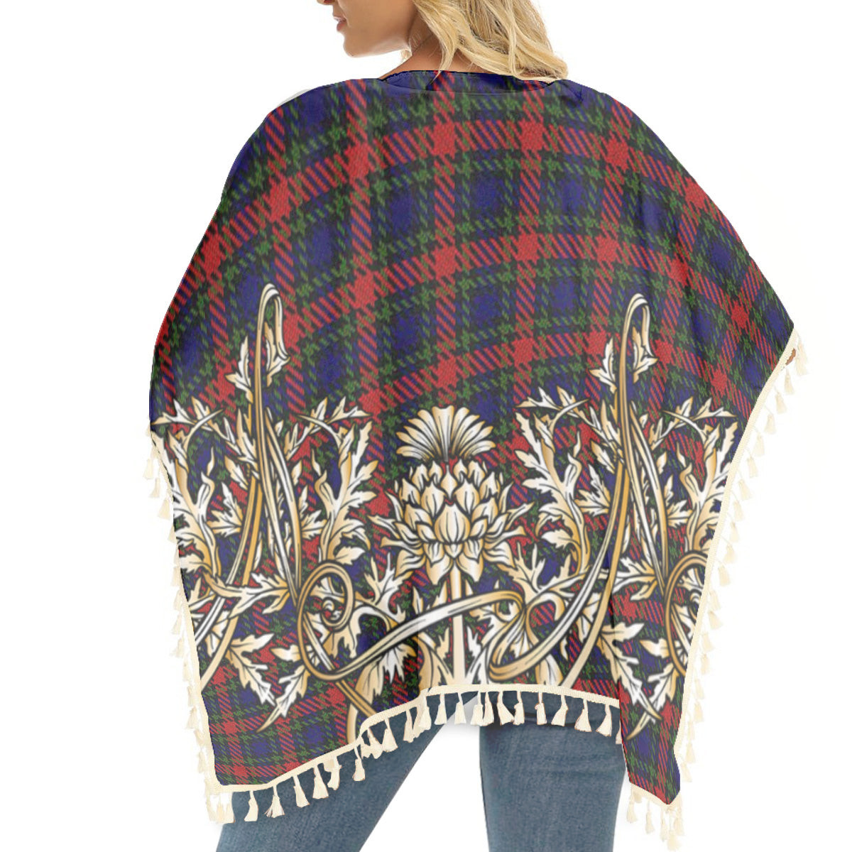 ScotsTee Shop Scottish Clarke Red Tartan Scotland Royal Golden Thistle Square Fringed Shawl