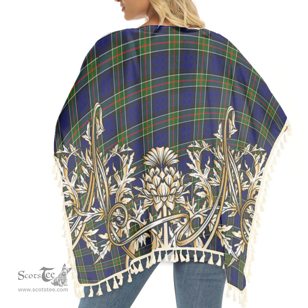 ScotsTee Shop Scottish Colquhoun Modern Tartan Scotland Royal Golden Thistle Square Fringed Shawl