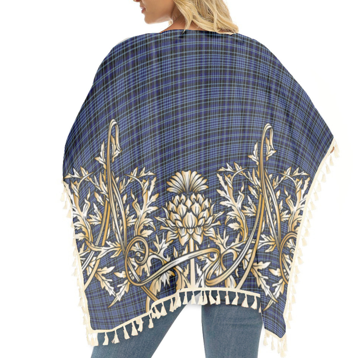 ScotsTee Shop Scottish Clergy Clark Light Blue lines 1 Tartan Scotland Royal Golden Thistle Square Fringed Shawl