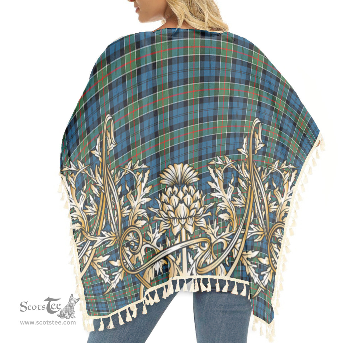 ScotsTee Shop Scottish Colquhoun Ancient Tartan Scotland Royal Golden Thistle Square Fringed Shawl