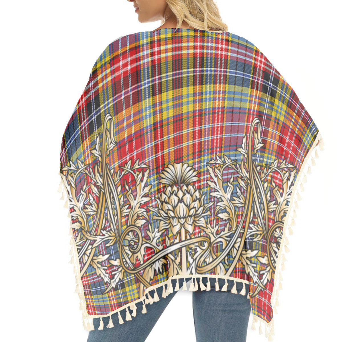 ScotsTee Shop Scottish Drummond of Strathallan Modern Tartan Scotland Royal Golden Thistle Square Fringed Shawl