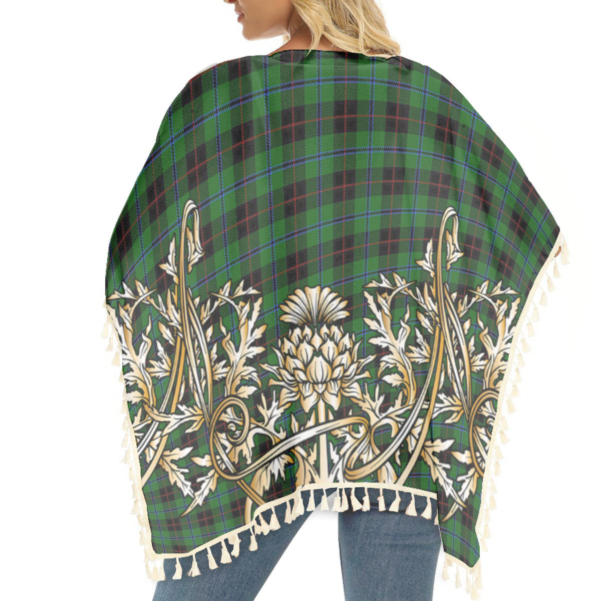 ScotsTee Shop Scottish Douglas Black Tartan Scotland Royal Golden Thistle Square Fringed Shawl