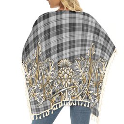 ScotsTee Shop Scottish Erskine Black and White Tartan Scotland Royal Golden Thistle Square Fringed Shawl